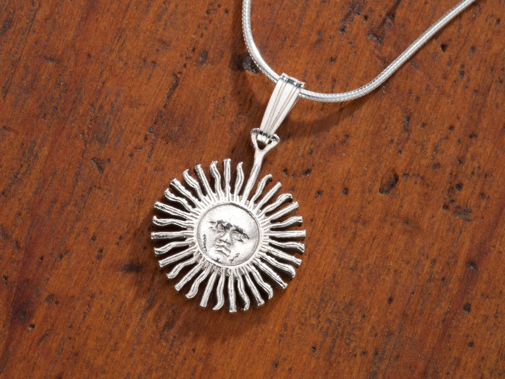 Mythical Sun Jewelry # 584S Hand Cut Uruquay four Centisimos Coin 1 in Diameter, Sterling Silver Sun Pendant