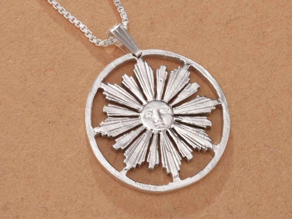 Mythical Sun Jewelry # 584S Hand Cut Uruquay four Centisimos Coin 1 in Diameter, Sterling Silver Sun Pendant