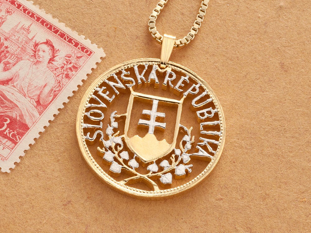 Hungarain Pendant and Necklace Hungarian 5 Pengo St Stevens Coin hand Cut # 807 14 Karat Gold and Rhodium Plated 1 38 in Diameter