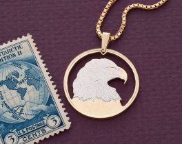 American Bald Eagle Pendant, Hand Cut Canada 50 Cent Coin, 1 " Diameter, ( #X 736 )