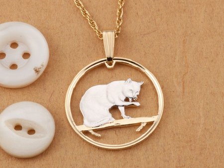 British Blue Cat Pendant and Necklace Jewelry, Isle Of Man Cat coin Hand Cut, 14K and Rhodium plated, 7/8 " in Diameter, ( #R 669 )