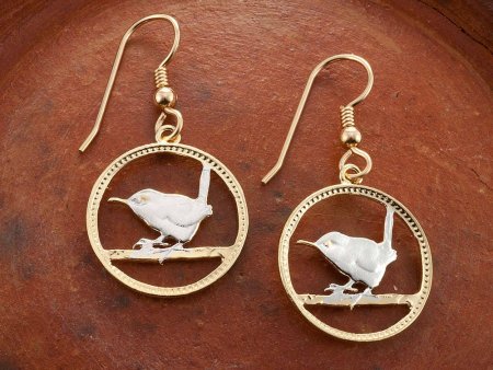 British Wren Earrings, British Farthing Coin Hand Cut, 14K Gold and Rhodium plated, 3/4" in Diameter,14 K Gold Filled Wires, ( # 127E )
