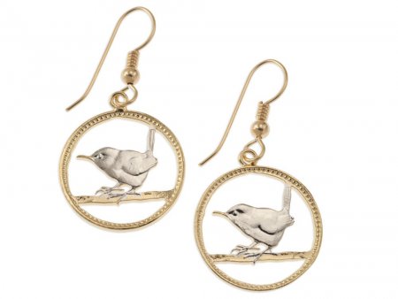 British Wren Earrings, British Farthing Coin Hand Cut, 14K Gold and Rhodium plated, 3/4" in Diameter,14 K Gold Filled Wires, ( # 127E )