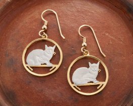 Burmese Cat Earrings, Hand Cut Isle Of Man Cat Coins, Cat Jewelry, Cat Earrings, 7/8" in Diameter, ( # 666E )