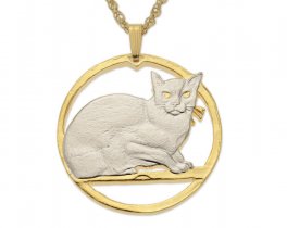 Burmese Cat Pendant and Necklace, Isle Of Man Burmese Cat Coin Hand Cut, 14 Karat Gold and Rhodium Plated, 1 1/4" in Diameter, ( #R 730 )