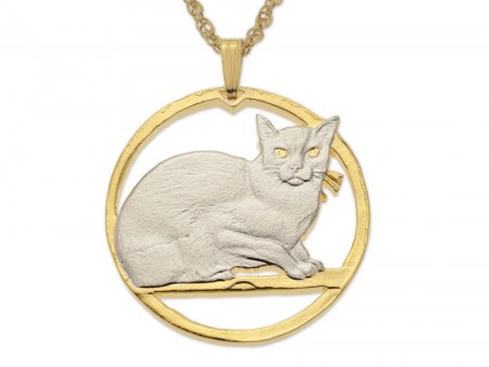Burmese Cat Pendant and Necklace, Isle Of Man Burmese Cat Coin Hand Cut, 14 Karat Gold and Rhodium Plated, 1 1/4" in Diameter, ( #R 730 )