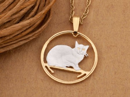 Burmese Cat Pendant and Necklace Jewelry, Isle Of Man Cat Coin Hand Cut, 14K and Rhodium plated, 7/8 " in Diameter, ( #R 666 )