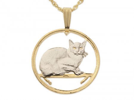 Burmese Cat Pendant and Necklace Jewelry, Isle Of Man Cat Coin Hand Cut, 14K and Rhodium plated, 7/8 " in Diameter, ( #R 666 )