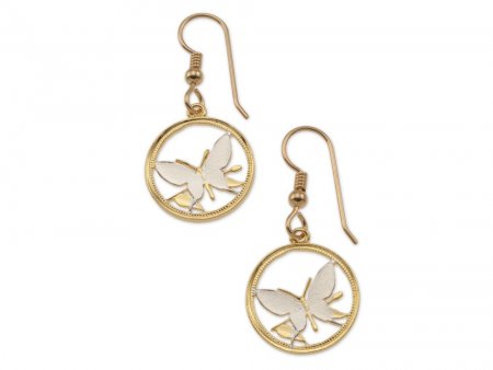 Butterfly Coin Earrings, New Guinea Butterfly Coin Hand Cut, 14 Karat Gold and Rhodium Plated, 5/8" in Diameter, ( # 247E )