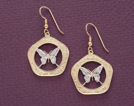 Butterfly Earrings, Belize 100 Dollar Butterfly Coins Hand Cut, 14 Karat Gold and Rhodium plated, 14K G/F Wires 1" in Diameter, ( # 657E )