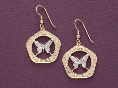 Butterfly Earrings, Belize 100 Dollar Butterfly Coins Hand Cut, 14 Karat Gold and Rhodium plated, 14K G/F Wires 1" in Diameter, ( # 657E )