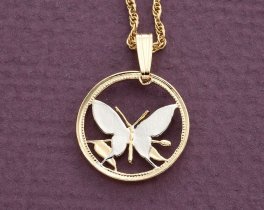 Butterfly Pendant and Necklace, Hand Cut Butterfly Coin, Butterfly Jewelry, 5/8" in Diameter, ( #R 247 )