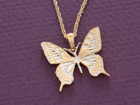 Butterfly Pendant and Necklace, Slovakia 500 Koruna Butterfly Coin Hand Cut,14 Karat Gold and Rhodium plated,1" in Diameter, ( #R 605B )