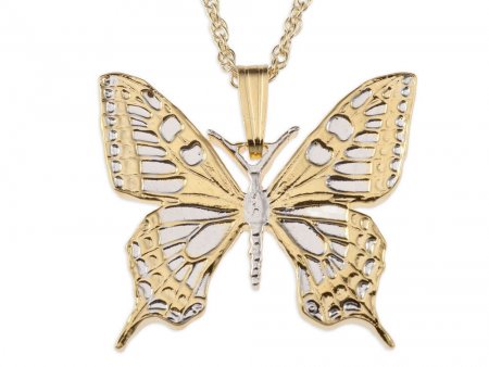 Butterfly Pendant and Necklace, Slovakia 500 Koruna Butterfly Coin Hand Cut,14 Karat Gold and Rhodium plated,1" in Diameter, ( #R 605B )