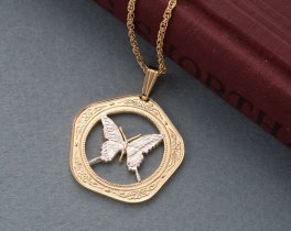 Butterfly Pendant & Necklace, Belize Coin Hand Cut, ( #R 657 )