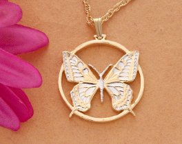 Butterfly Pendant & Necklace, Butterfly Jewelry, Hand Cut Slovakian Coin, ( #R 605 )