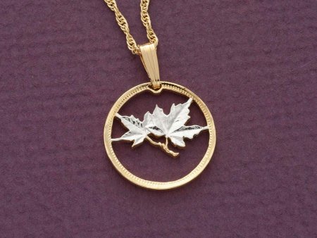 Canada Maple Leaf Pendant and Necklace Jewelry, Canada1 Cents coin Hand Cut,14 Karat Gold and Rhodium Plated, 3/4" in Diameter, ( #R 49 )
