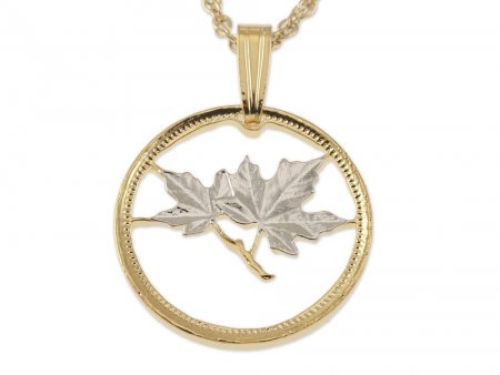 Canada Maple Leaf Pendant and Necklace Jewelry, Canada1 Cents coin Hand Cut,14 Karat Gold and Rhodium Plated, 3/4" in Diameter, ( #R 49 )