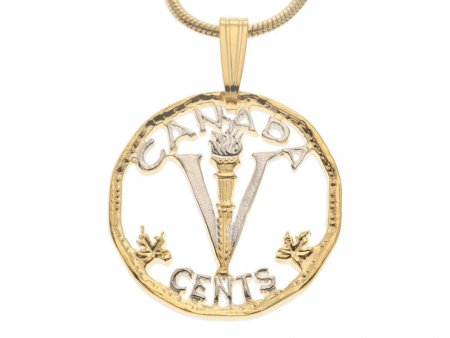 Canadian Coin Pendant and Necklace, Canada Five Cents V Nickel Coin Hand Cut, 14 Karat Gold  Rhodium Plated, 7/8" in Diameter, ( #K 926 )