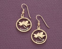 Canadian Maple Leaf Earrings, Canada one Cent Coin Hand Cut, 14 Karat Gold and Rhodium Plated, 14K G/F Wires, 3/4" in Daimeter, ( # 762E )