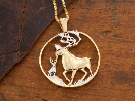 Caribou Wildlife Pendant and Necklace, Caribou Wildlife Medallion Hand Cut, 14 Karat Gold and Rhodium Plated,1 3/8" in Diameter ( #X 849 )
