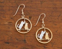 Cat ( Kitten ) Coin Earrings, Isle Of Man Cat Coins Hand Cut, 14 Karat Gold and Rhodium Plated, 14K G/F Wires,7/8" in Diameter, ( # 726E )
