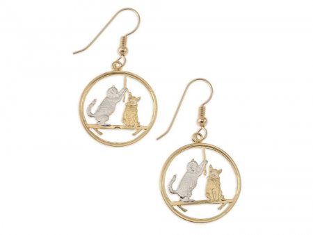 Cat ( Kitten ) Coin Earrings, Isle Of Man Cat Coins Hand Cut, 14 Karat Gold and Rhodium Plated, 14K G/F Wires,7/8" in Diameter, ( # 726E )