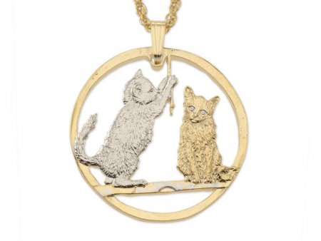 Cat ( Kittens ) Pendant and Necklace, Isle Of Man Cat Coin Hand Cut, 14 Karat Gold and Rhodium Plated, 1 1/4" in Diameter, ( #R 727 )