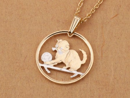Cat Pendant and Necklace Jewelry, Isle Of Man Cat Coin Hand Cut, 14 Karat Gold and Rhodium Plated, 7/8" in Diameter, ( #R 710 )