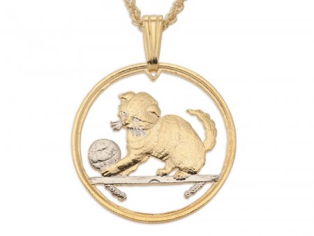 Cat Pendant and Necklace Jewelry, Isle Of Man Cat Coin Hand Cut, 14 Karat Gold and Rhodium Plated, 7/8" in Diameter, ( #R 710 )