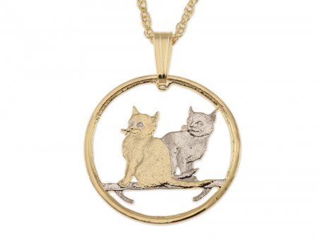 Cat Pendant and Necklace Jewelry, Isle Of Man Cat Coin hand Cut, 14 Karat Gold and Rhodium Plated, 7/8 " in Diameter, ( #R 785 )