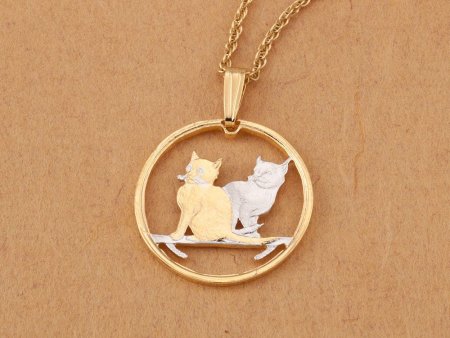 Cat Pendant and Necklace Jewelry, Isle Of Man Cat Coin hand Cut, 14 Karat Gold and Rhodium Plated, 7/8 " in Diameter, ( #R 785 )