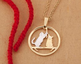 Cat Pendant and Necklace Jewelry, Isle Of Man Cat Coin Hand Cut, 14Karat Gold and Rhodium Plated, 7/8 " in Diameter, ( #R 726 )