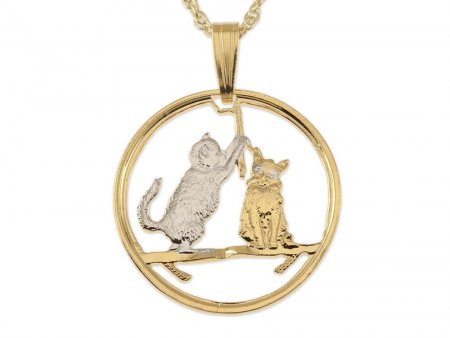 Cat Pendant and Necklace Jewelry, Isle Of Man Cat Coin Hand Cut, 14Karat Gold and Rhodium Plated, 7/8 " in Diameter, ( #R 726 )