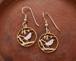 Cayman Thrush Bird Earrings, Cayman Island One Cent Hand Cut, 14K Gold and Rhodium plated, 5/8" in Diameter,14K Gold Filled Wires, ( # 57E )