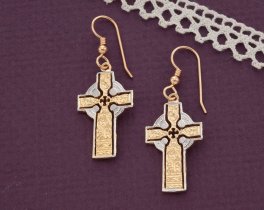 Celtic Cross Earrings, Private Mint Celtic Medallion Hand Cut, 14 Karat Gold and Rhodium plated, 14K G/F Wires 1" in Diameter, ( # 776BE )