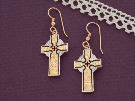 Celtic Cross Earrings, Private Mint Celtic Medallion Hand Cut, 14 Karat Gold and Rhodium plated, 14K G/F Wires 1" in Diameter, ( # 776BE )