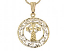 Celtic Cross Pendant and Necklace, Celtic Cross Medallion Hand Cut, 14 Karat Gold and Rhodium Plated, 1" in Diameter, ( #K 906 )