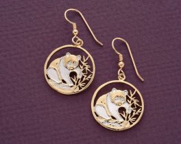 China Panda Bear Earrings, Chinese Panda Bear Coin Hand Cut, 14 K Gold and Rhodium plated, 3/4" in Diameter, ( # 67E )