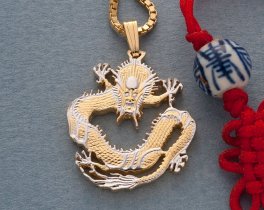 Chinese Dragon pendant and Necklace, Chinese Dragon Coin Hand Cut, 14 Karat Gold and Rhodium Plated, 1" in Diameter, ( #X 72 )