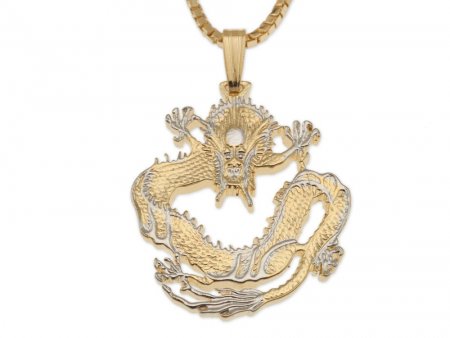 Chinese Dragon pendant and Necklace, Chinese Dragon Coin Hand Cut, 14 Karat Gold and Rhodium Plated, 1" in Diameter, ( #X 72 )