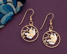 Chinese Panda Bear Earrings, Chinese 10 Yuan Panda Coin Hand Cut, 14 Karat Gold and Rhodium plated, 5/8" in Diameter, ( # 62E )
