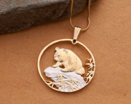 Chinese Panda Bear Pendant and Necklace, Chinese Panda Coin Hand Cut, 14 Karat Gold and Rhodium Plated, 1 1/4" in Diameter, ( #K 879 )