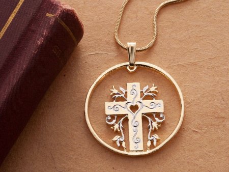 Christian Cross and Heart Pendant and Necklace, Religious Medallion Hand Cut,14 Karat Gold and Rhodium Plated,1 1/4" in Diameter, ( #K 875 )