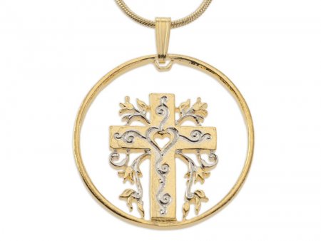 Christian Cross and Heart Pendant and Necklace, Religious Medallion Hand Cut,14 Karat Gold and Rhodium Plated,1 1/4" in Diameter, ( #K 875 )