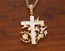 Christian Cross Pendant and Necklace Jewelry, Religious medallion Hand Cut, 14 Karat Gold & Rhodium Plated,1 1/4 " in Diameter, ( #R 529B )