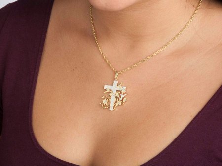Christian Cross Pendant and Necklace Jewelry, Religious medallion Hand Cut, 14 Karat Gold & Rhodium Plated,1 1/4 " in Diameter, ( #R 529B )