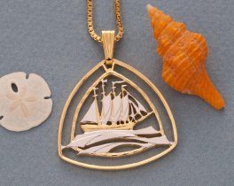 Clipper Sailboat Pendant, Hand Cut Bermuda Three Dollar Nautical Coin, 14 Karat Gold and Rhodium Plated, 1 1/4" in Diameter,( #X 936 )