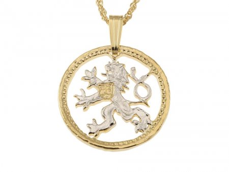 Czech Republic Lion Pendant and Necklace Jewelry, Czechoslovakia Coin Hand Cut,14 Karat Gold and Rhodium Plated, 7/8" in Diameter ( #R78 )