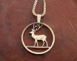 Deer Pendant and Necklace Jewelry, Hand Cut coin from the island of Mauritius, Plated 14 K Gold and Rhodium, 7/8" in Diameter, ( #X 230 )